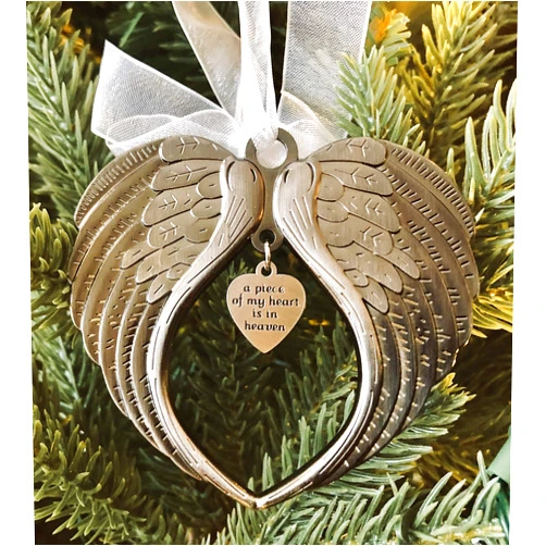K9King Christmas Ornaments Angel Wings - A Piece of My Heart is in Heaven Ornament for Christmas Tree - Double Sided Memorial Ornament for Loss of Loved One - Luxurious Silk Ribbon & Red Gift Bag
