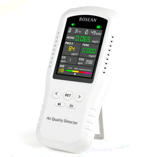 MOESAPU Indoor Air Quality Monitor Accurate Tester for Formaldehyde HCHO TVOC PM2.5 CO2 CO Multifunctional Air Gas Detector Real Time Data&Mean Value Recording for Home Office