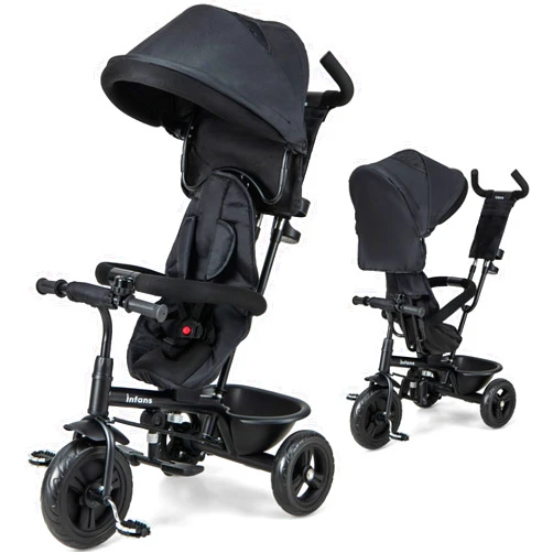 INFANS Kids Tricycle, 6 in 1 Baby Trike Toddler Bike with Reversible Seat, Adjustable Push Handle, Control Direction, Removable Canopy, Safety Harness, Belt, Storage, 9-60 Months (Black)