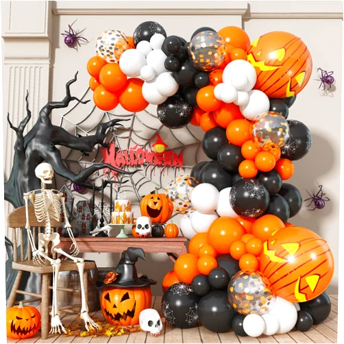 Paeyeq Halloween Balloon Arch Garland Kit with 4D Pumpkin, 110pcs Black Orange White Confetti Halloween Latex Balloons Decorations with Spider Web Print Balloons for Kids Halloween Theme Party Supplies