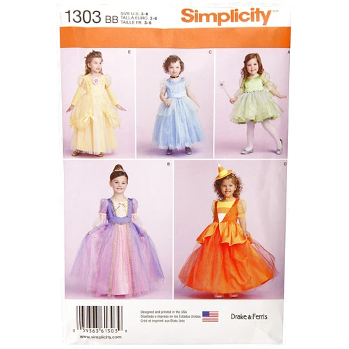 SIMPLICITY 1303 Girl's Halloween Costume Princess Dress Sewing Pattern, Sizes BB (3-6)