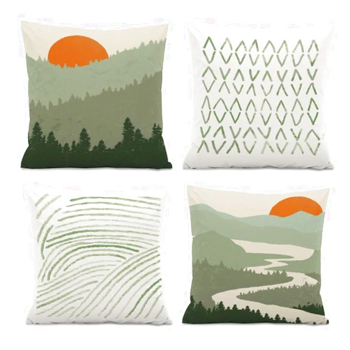 ISANOU Abstract Nature Throw PillowCovers,Red Sunrise Sunset Green Mountains Pillow Case Decor Set of 4,Watercolour Pillow Decorative for Home Living Room Bedroom Sofa,18x18 Inch
