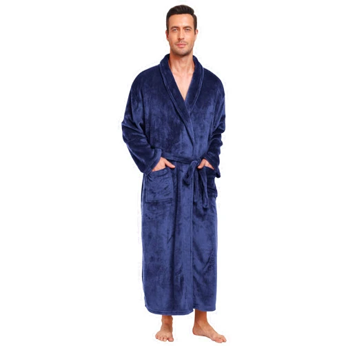 Trek Forte Mens Plush Fleece Robe Soft Shawl Collar Bathrobe Long Fluffy Spa Robes Winter Warm House Robe with Pockets