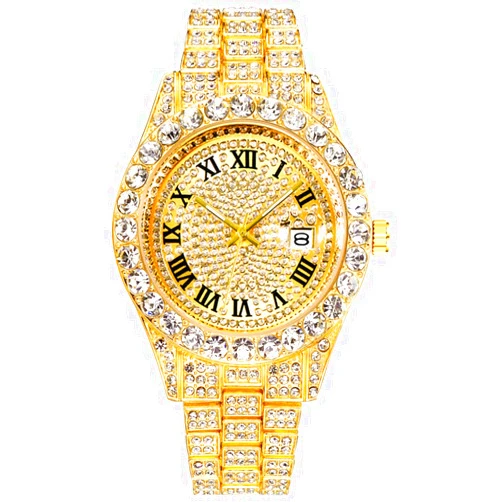 LGXIGE Mens Ice Out Watches Big Rocks with Roman Numerals Fully Colorful Dial Gold Watch