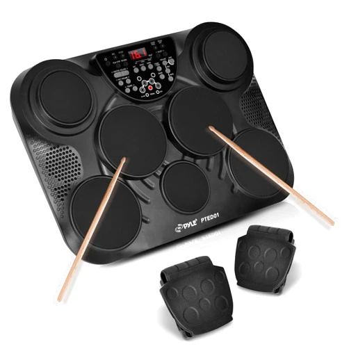 Pyle Portable Drums, Tabletop Drum Set, 7 Pad Digital Drum Kit, Touch Sensitivity, Wireless Electric Drums, Drum Machine, Electric Drum Pads, LED Display, Mac & PC - PTED01