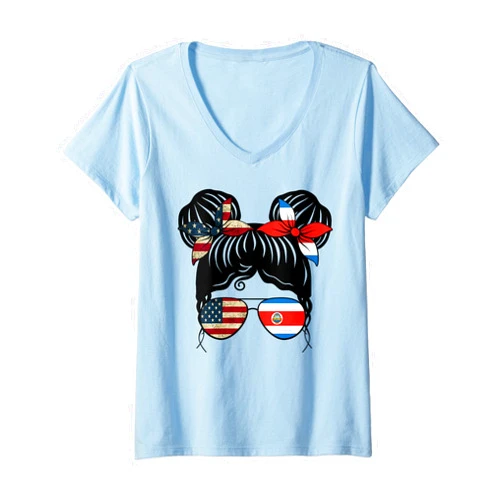 Proud America Costa Rica Heritage Kids Apparel Half American Half Costa Rican Girl USA Costa Rica Flag Kids V-Neck T-Shirt