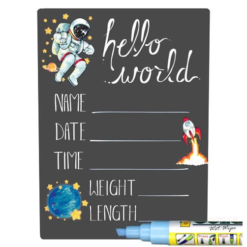 Cohas Hello World Newborn Baby Announcement Chalkboard Sign with Space Theme, 5 by 7 Inches, Blue Marker