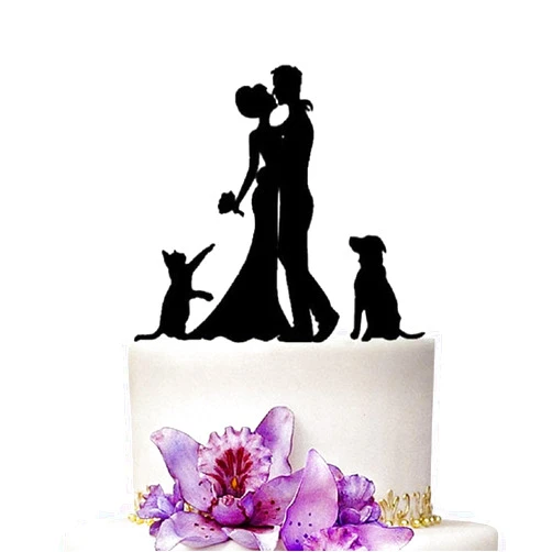 YAMI COCU Wedding Cake Toppers Bride and Groom Flower With Dog And Cat Animal Black Color Acrylic Silhouette Party Engagement Decoration
