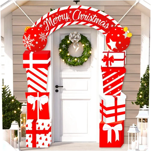 Naozinebi 3Pcs Christmas Door Decoration Merry Christmas Porch Sign Front Door Banner Hanging Decoration Xmas Outdoor Hanging Supplies Holiday Gift Box Shaped Backdrop for Home Indoor Holiday Winter Party Decor