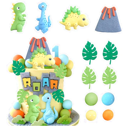 LEFUBABY Baby Dinosaur Cake Toppers Dinosaur Cake Decorations with Balls Green Leaves for Baby Shower Dinosaur Theme Birthday Party Supplies