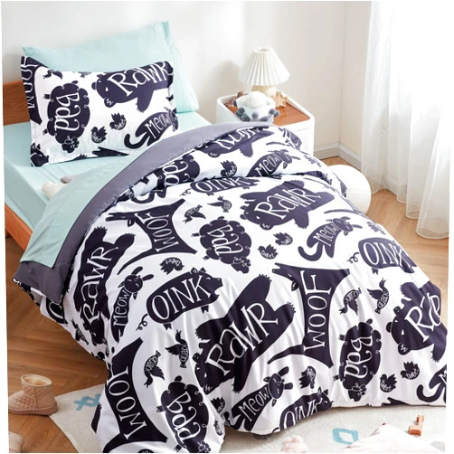 SLEEP ZONE Kids Duvet Cover Set Queen Size 3 Pieces - Super Soft & Cute Comforter Cover with 2 Pillow Shams, Easy Care Zipper Closure (Black/White Animals, Queen)