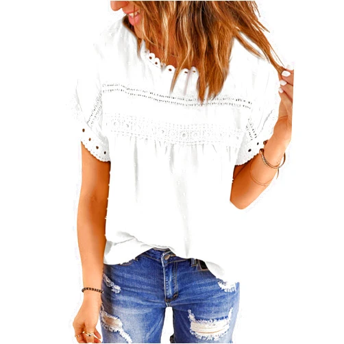 Okiwam Women's Shirts Summer Casual Crewneck Lace Crochet Short Sleeve Blouses Pom Pom Swiss Dots Chiffon Tunic Tops