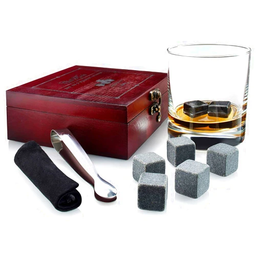 Quiseen Gift Set of 8 Whiskey Chilling Stones [Chill Rocks] - in Premium Wooden Gift Box with Stainless Steel Tongs and Velvet Carrying Pouch - Made of Pure Soapstone - by Quiseen