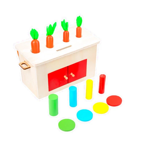 Adena Montessori 4-in-1 Play Kit Box for Infants,Toddlers and Babies 6-12 Months, 1 Year, 2 Year and 3 Year- Includes Coin Box, Cylinder & Carrot Drop Box, and Blind Touch Perception Box with Door