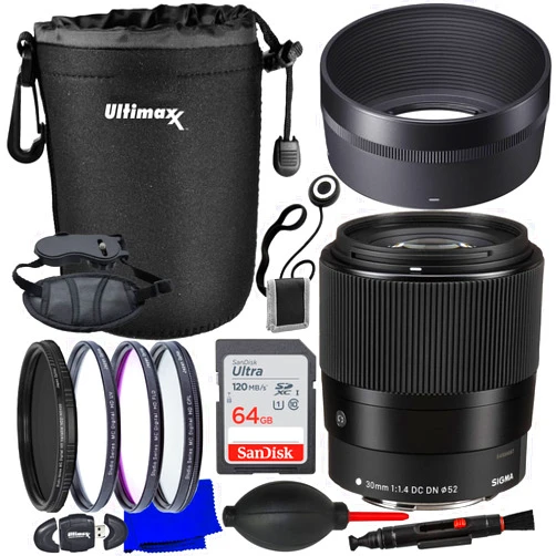 PhoenixPhoto | Sigma Intl Sigma 30mm f/1.4 DC DN Contemporary Lens for Canon EF-M + SanDisk 64GB Ultra SDXC Memory Card, Variable Neutral Density Filter (ND2-ND400), 3PC Multi-Coated UV Filter Kit & Much More (17pc Bundle)