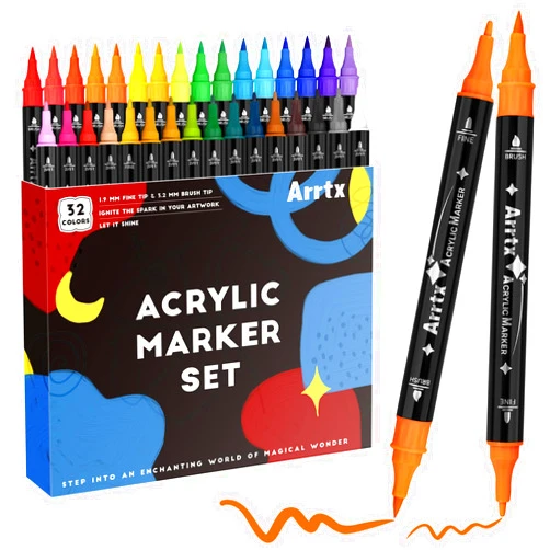 Arrtx Acrylic Pens Paint Markers 32 Colors, Dual Tip Acrylic Paint Markers with Brush Tip and Fine Tip, Art Supplies for Rock Painting, Wood, Ceramic, Fabric, Glass, DIY Crafts