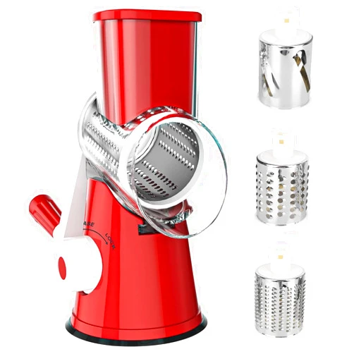 Ehnoge Rotary Cheese Grater, 2025 New 3-in-1 Stainless Steel Manual Drum Slicer Multi-Purpose Cheese Shredder, Cheese Grater Hand Crank with 3 Styles Replaceable Blade for Vegetable Fruits (Red)