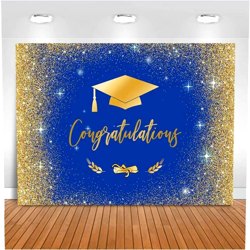 Mocsicka Blue and Gold 2025 Graduation Backdrop Glitter Bokeh Navy Blue Gold Class of 2025 Graduation Party Decorations 2025 High School and College Congrats Grad Graduation Banner Photo Booth Props