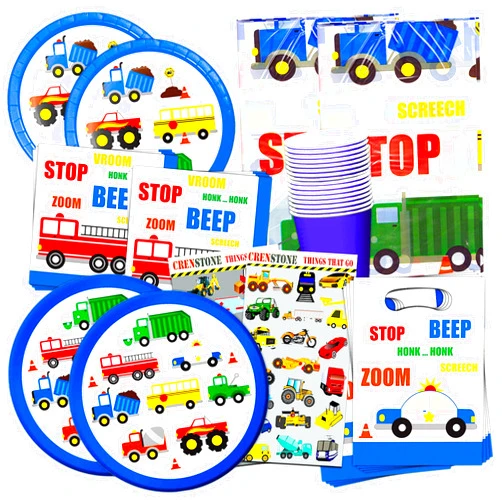 Cars and Trucks Party Supplies Ultimate Set - Birthday Party Decorations, Plates, Cups, Napkins and More (16 Guests)