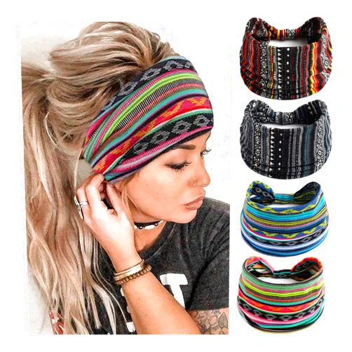 STGDAK Boho Headbands For Women Fashion Stretch Wide Hair Bands Knoted Turban Head Bands Yoga Running Sweatband Elastic Headband Stylish Wrap Headbands Hair Accessories for Teen Girls 4 Pack