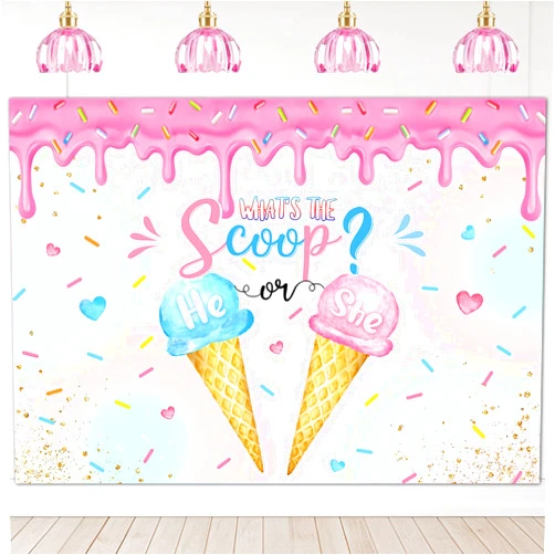 Mocsicka Ice Cream Gender Reveal Backdrop What's The Scoop Background Summer He or She Gender Reveal Party Decorations Banner Photo Studio Props (7x5ft)