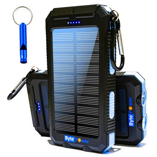 BytePower Solar Charger Power Bank 20000mAh, Portable Solar Pone Charger with Compass,Carabiner, Whistle,Flashlights,Solar Panel Charger,Camping Gear Accessory (Blue)
