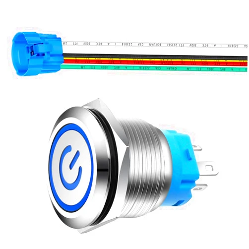 Gebildet 0.87''/22mm Stainless Steel Latching Push Button Switch SPDT 110V-220V/3A Power Symbol LED 1NO1NC ON/Off Waterproof Toggle Switch with Wire Socket Plug (Blue LED)