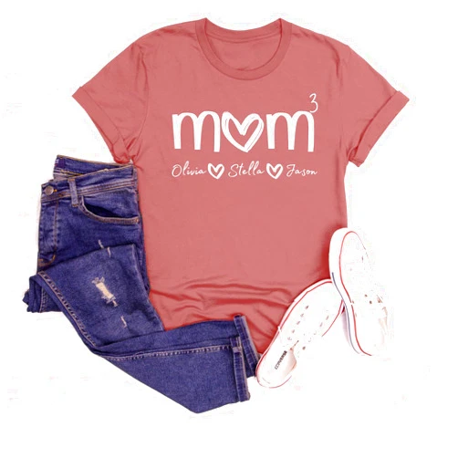 Handmade Personalized Handmade Mom 3 Shirt, Custom Mother T-Shirt With Kids Names, Mother's Day Gift For Mama, Mom 2 3 4 5 6 Outfit