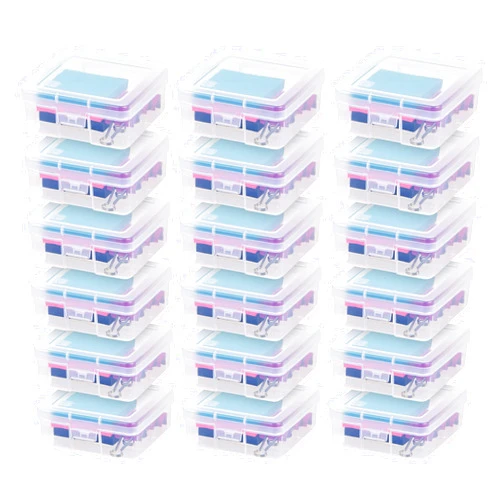 IRIS USA Plastic Pencil Case Box Craft Hobby Art School Supply Storage Organizer Container with Latching Lid, 18-Pack, for Bead Pens Ribbons Wahi Tape Sticker Yarn Ornaments, Stackable, Clear, Small