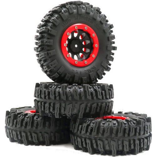 hobbysoul 4pcs RC 2.2 Mud Slingers Tires Soft Sticky Tyers Height 124mm & 2.2 Beadlock Wheels Rim Hex 12mm for RC Crawlers Truck Upgrade