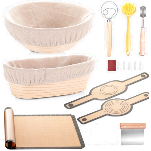 DUUMI Banneton Bread Proofing Basket Set of 2, 10 inch Oval and 9 inch Round Sourdough Proofing Basket, Bread Baking Starter Kit, Silicone Bread Sling, Dough Whisk, Dough Scraper, Gifts for Bakers