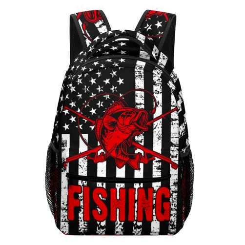 KAFFUL Bass Fishing with American Flag Backpack for Boys Men, Vintage Bass Fish Bookbag, Water Resistant Children Casual Daypack Travel Laptop Backpack, 16.5 Inch, Black White Red