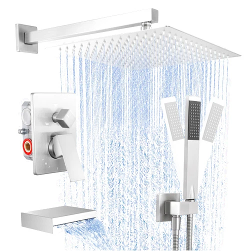 KES Shower Faucet Set 12 Inch Rain Shower Head 3-Function Shower System with Tub Spout Rainfall Shower Head with Handheld Shower, Pressure Balance Valve Brushed Nickel, XB6305F18S12-BN