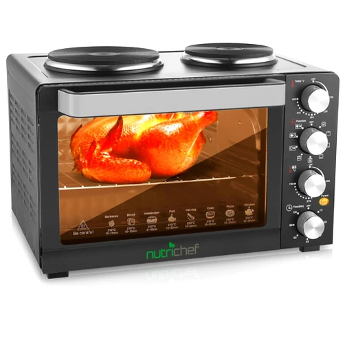 NutriChef 30 Quart Kitchen Convection Oven & 2 Burner Cooker - 1500 Watt Oven - 7 Cook Functions Rotisserie, Cook, Bake, Broil & More - Includes Baking Tray, Skewers & Handles - 19.6 x 16.0 x 13.5 IN