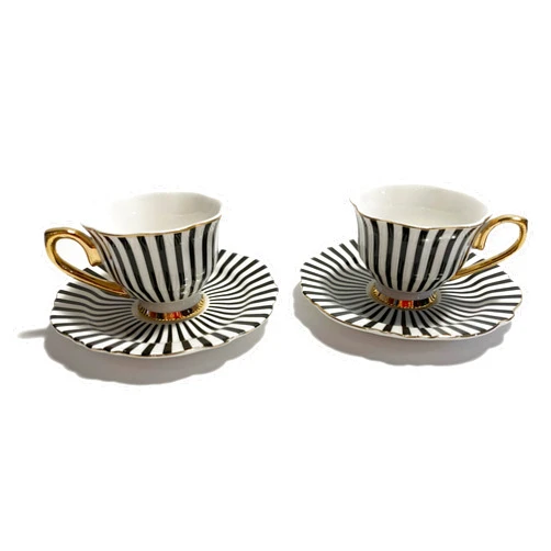 Mazeology Espresso Cups Movie Star Bone China Fluted Black & White Stripe 2 Sets Cups and Saucers with Gold Accents