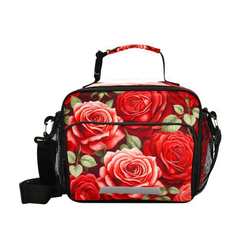 xigua Red Rose Pattern Insulated Lunch Bag, Reusable Lunch Box Leakproof Tote Bag Cooler Bag with Adjustable Shoulder Strap, Lunch Container for Work, Picnic