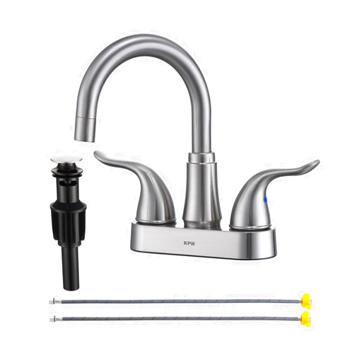 KPW Bathroom Sink Faucet 2 or 3 Hole Brushed Nickel Centerset 4 Inch Bathroom Sink Faucet 2 Handle Over ABS Non-Metallic Lavatory Bathroom Faucet with Pop up Drain Water Supply Hoses