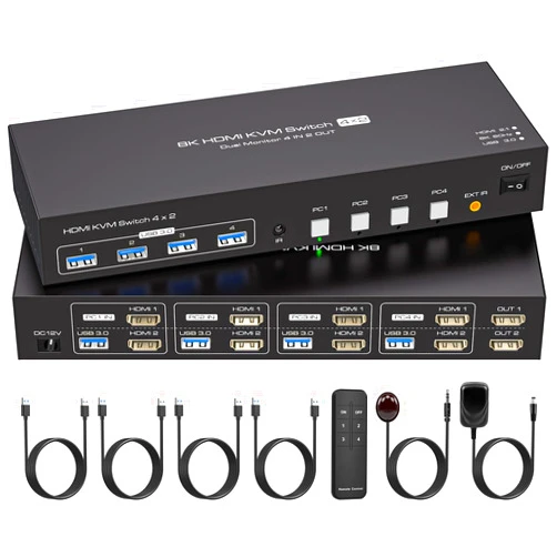 ATLAHET 4 Port Dual Monitor HDMI KVM Switch 4 Computers 2 Monitors 8K 60Hz 4K 120Hz KVM Switches for Four PC Share Four USB 3.0 Devices Support Copy and Extend Mode with External Accessories