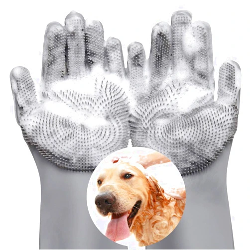 VavoPaw Magic Pet Grooming Gloves, Dog Bathing Shampoo Gloves with High Density Teeth, Heat Resistant Silicone Pet Hair Remover Brush for Cat & Dogs, Gray