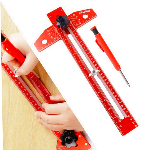 ZXFUTURE Woodworking Scriber Marking Line Ruler, T Type Woodworking Ruler 16 inch, Adjustable Aluminum Alloy Sliding T-Square Ruler, Precision Line Drawing aid Ruler with Angle Adjustment Scale(Red)