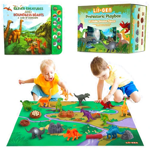 Li'l-Gen Dinosaur Toys for Boys and Girls - 12 Realistic 7-Inch Dinosaur Figures with Interactive Sound Book - Includes Play Mat, Trees, Rocks, Fossils, and More - Educational Toys for Kids Ages 3-5
