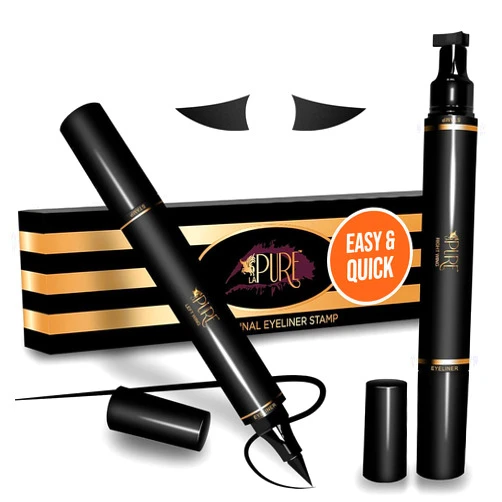 LA PURE Wing Eyeliner Stamp Pens 2x Liquid Cat Eye Winged Eyeliner Stamp & Fine Tipped Pen Eyeliner Stencil Smudge Proof Black Eye Liner Tiktok Trend Items Sweatproof -Black 10mm