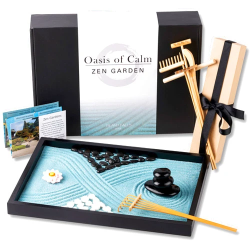 Island Falls Home Oasis of Calm Zen Garden Kit. 11x8 Inch Beautiful Premium Japanese Decor Mini Meditation Gifts Set. Home, Office Desk Accessories. Zen Decor Sand Garden. Aqua Blue Sand, 6 Tools, 6 Features incl rocks