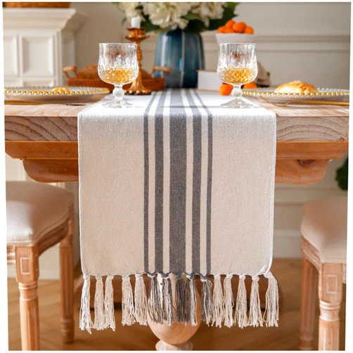 Caflife Boho Table Runner for Modern Farmhouse Decor, Dining Table décor 13 x 60 Inch Long, Coffee Table Runner with Handcrafted Tassels, Black and Beige Stripe Table Runner for Home Boho décor