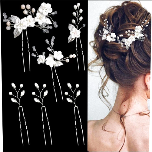 SHEHARUHI 6 Pcs Flower Bridal Wedding Hair Pins Flower Rhinestone Pearl Hair Piece for Women Crystal Hair Accessories for Bride Bridesmaids Flower Girls(Silver)