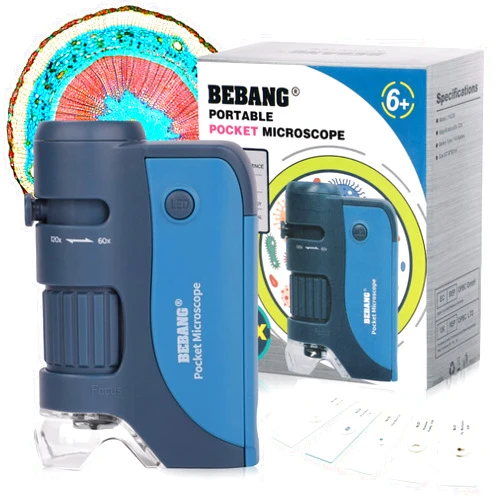 BEBANG Pocket Microscope, 60x-120x Handheld Mini Microscope Kids with LED Lights, 5 Slides Specimens, BEBANG Portable Microscope for Kids Student Adults Microbiological Observation Lab Study, Educational Kit