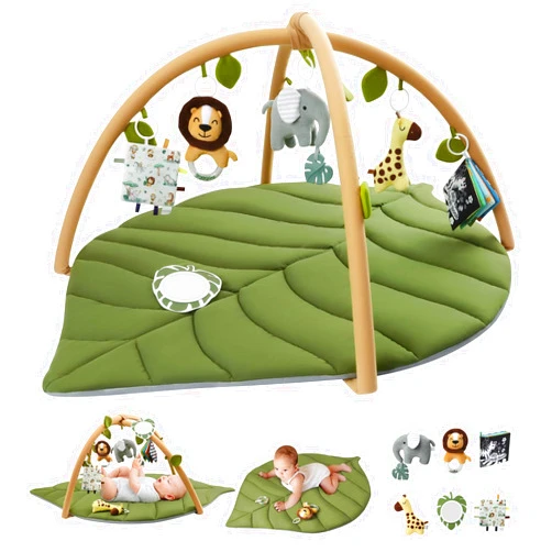 Blissful Diary Baby Play Gym & Activity Mat, Oversize Leaf Shaped Baby Play Mat w 6 Detachable Toys, Tummy Time Mat Promote Motor Skills & Sensory Development Mat, Newborn Infant Baby Essentials Gift
