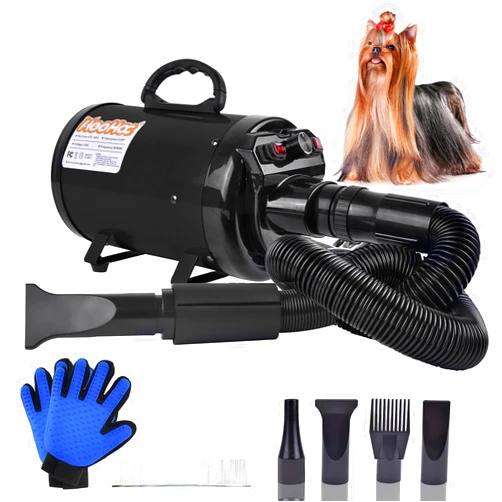HooHcc Dog Dryer, High Velocity Dog Hair Dryer, Dog Blow Dryer - Groomer Partner Pet Blower Grooming Force Dryer with Heater, Stepless Adjustable Speed, 4 Different Nozzles, Comb & Pet Grooming Glove (Black)