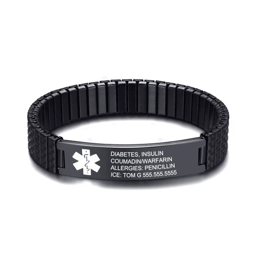 FenFang Personalized Emergency Medical Bracelets for Men Women for 7.5 to 8.5 Inches Free Engrave Medical ID Bracelets for Men Women Tag Stainless Steel Medical Alert Bracelets (adjustable-black)