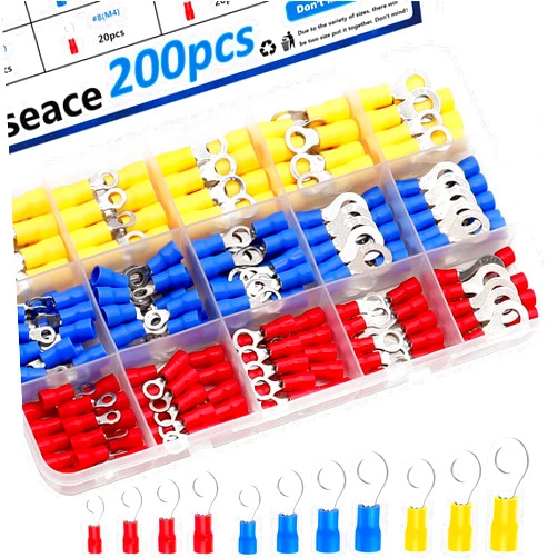 smseace 200pcs 12-Sizes(M3/M4/M5/M6) Insulated Ring Terminals 22-16/16-14/12-10AWG Electrical Crimp Terminal Connector Assortment Kit